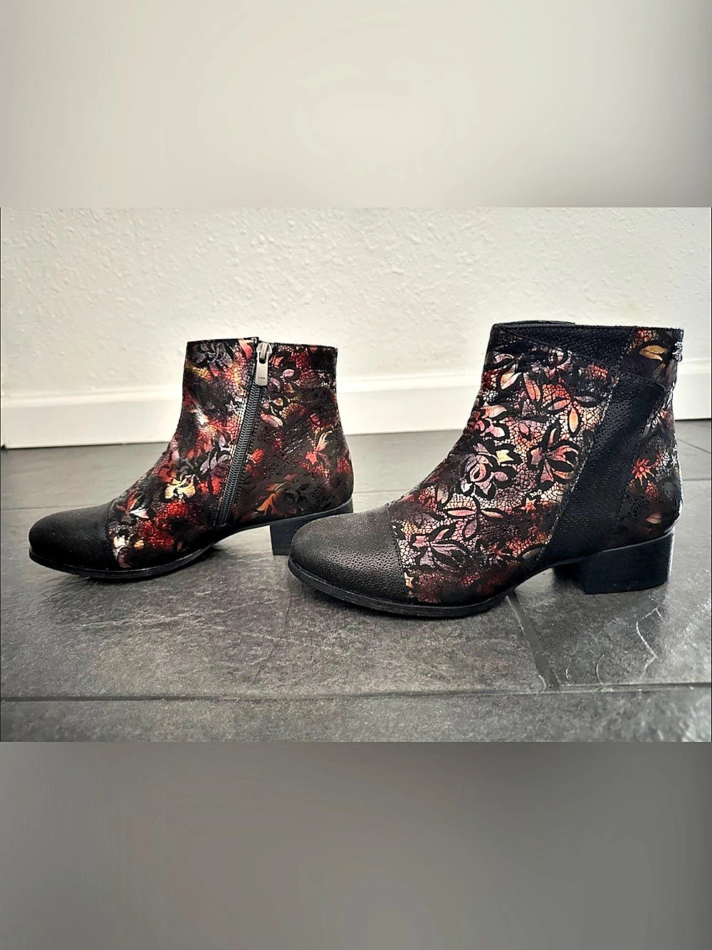 Fly Foot Floral Ankle Boots Black & Red